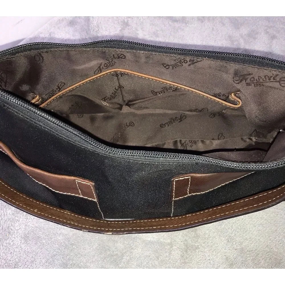Fossil‎ Tan Black Nylon Leather Trim Shoulder Bag Handbag Hobo Purse READ